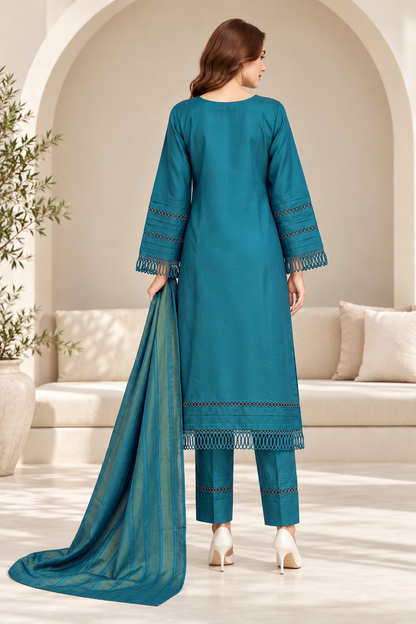 Pakistani Women's Casual Wear 3-Piece Suit - Linen, Teal | 1504 | Designer Rack