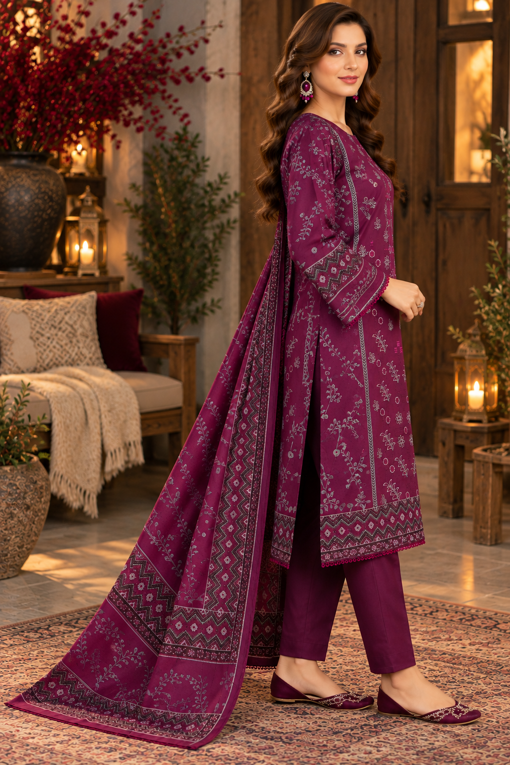 Pakistani Women’s Casual Winter Wear 3-Piece Embroidered  Suit – Dhanak, Plum | 1505 | Designer Rack