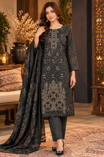 Pakistani Women’s Casual Winter Wear 3-Piece Embroidered  Suit – Dhanak, Gray | 1505 | Designer Rack