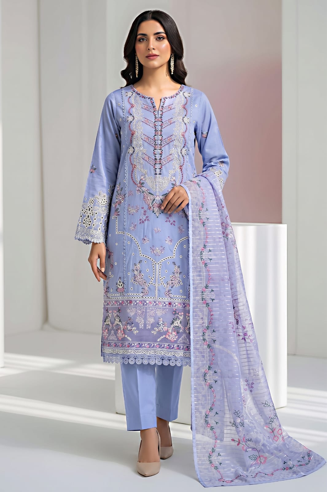 Pakistani Women's Casual Wear 3-Piece Suit - Cotton, SKY Blue | 1491 | Designer Rack