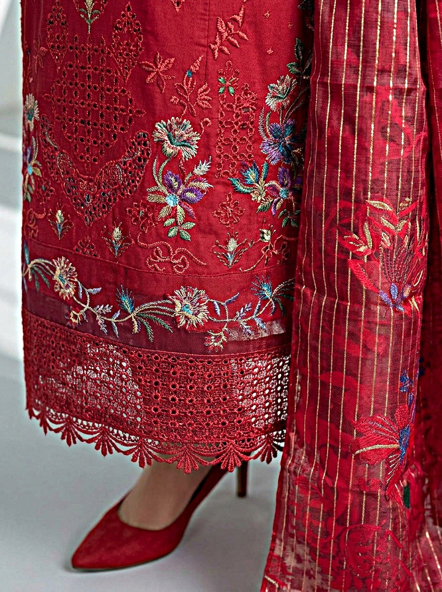 Pakistani Women's Casual Wear 3-Piece Suit - Cotton, Red | 1491 | Designer Rack