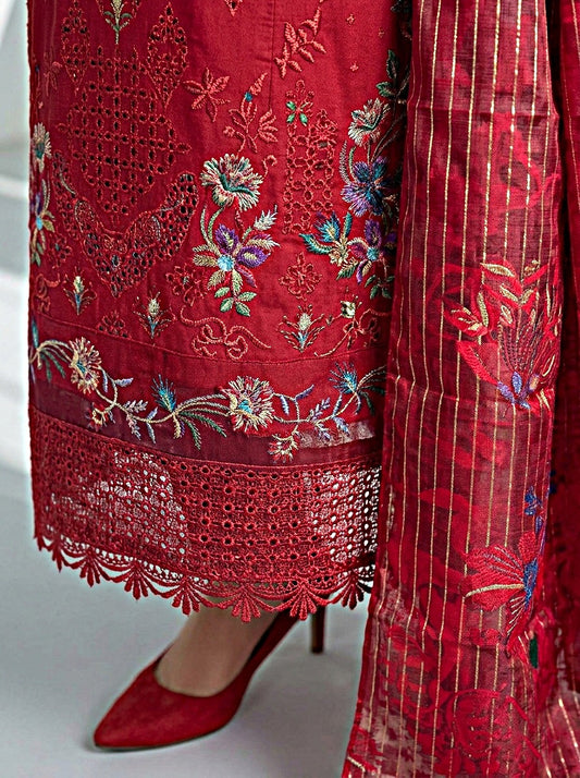 Pakistani Women's Casual Wear 3-Piece Suit - Cotton, Red | 1491 | Designer Rack