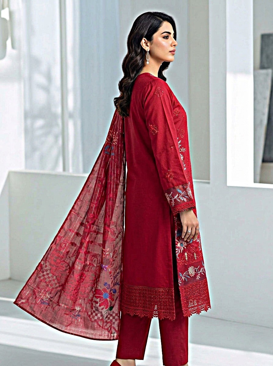 Pakistani Women's Casual Wear 3-Piece Suit - Cotton, Red | 1491 | Designer Rack