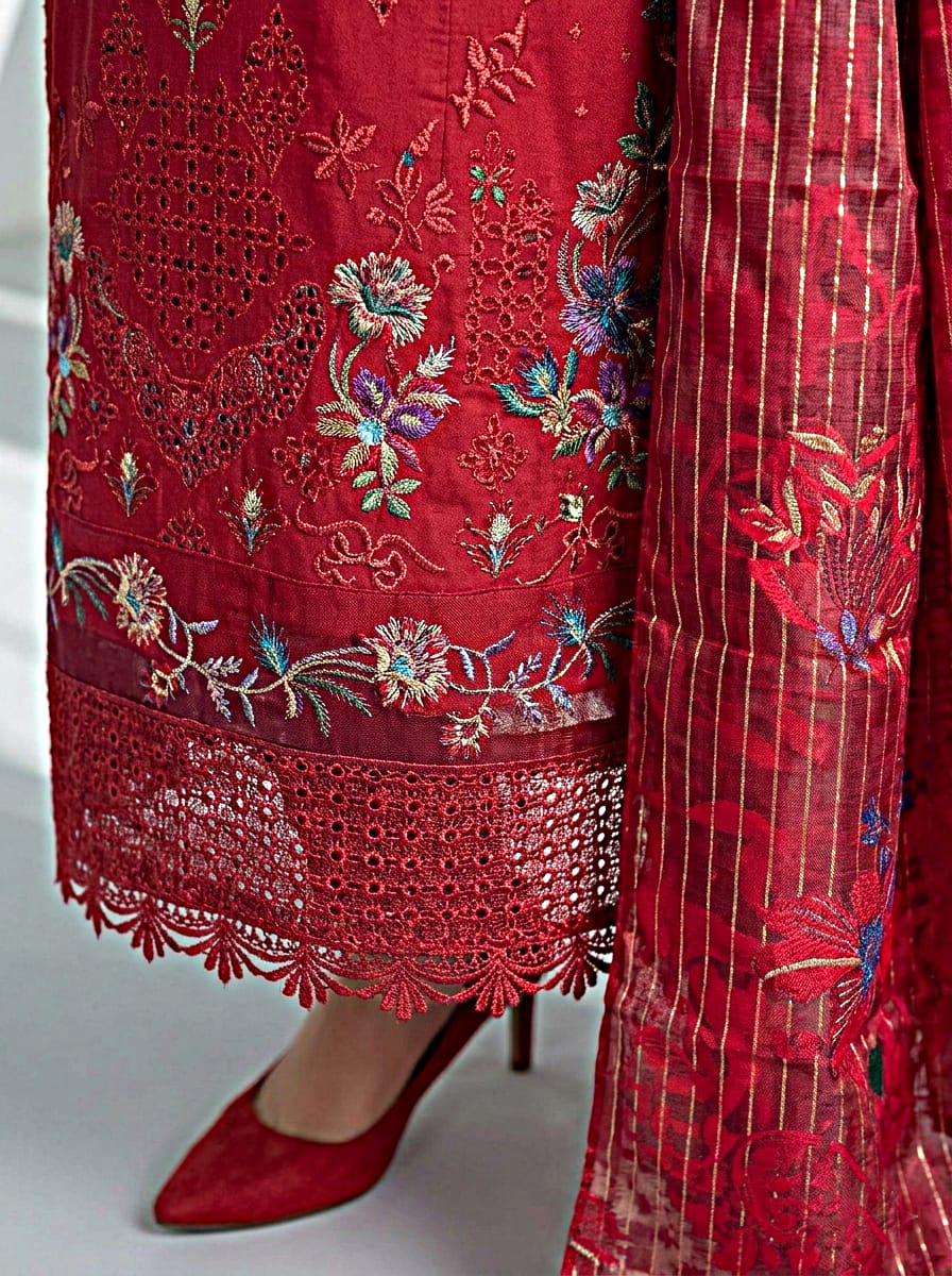 Pakistani Women's Casual Wear 3-Piece Suit - Cotton, Red | 1491 | Designer Rack