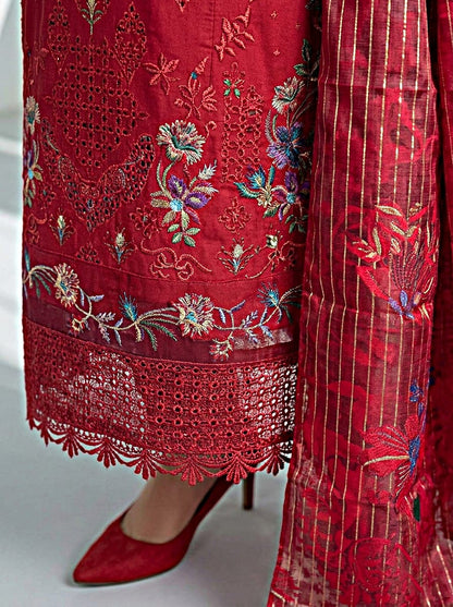 Pakistani Women's Casual Wear 3-Piece Suit - Cotton, Red | 1491 | Designer Rack