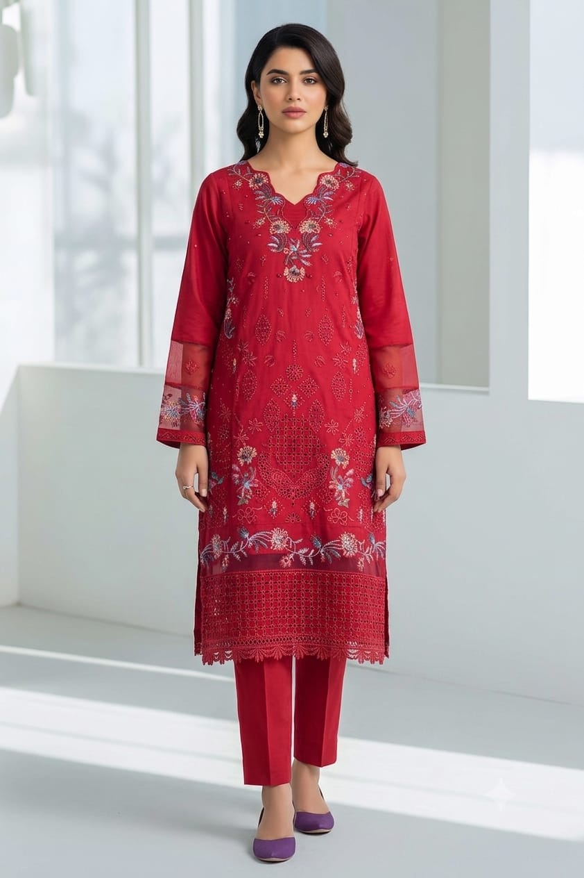 Pakistani Women's Casual Wear 3-Piece Suit - Cotton, Red | 1491 | Designer Rack