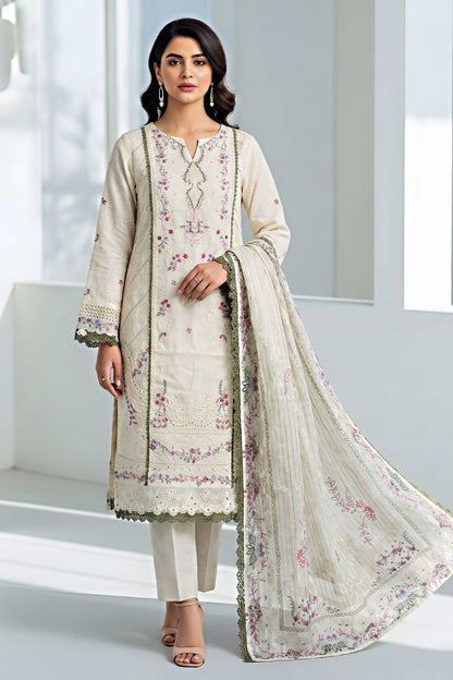 Pakistani Women's Casual Wear 3-Piece Suit - Cotton, OFF WHITE| 1491 | Designer Rack