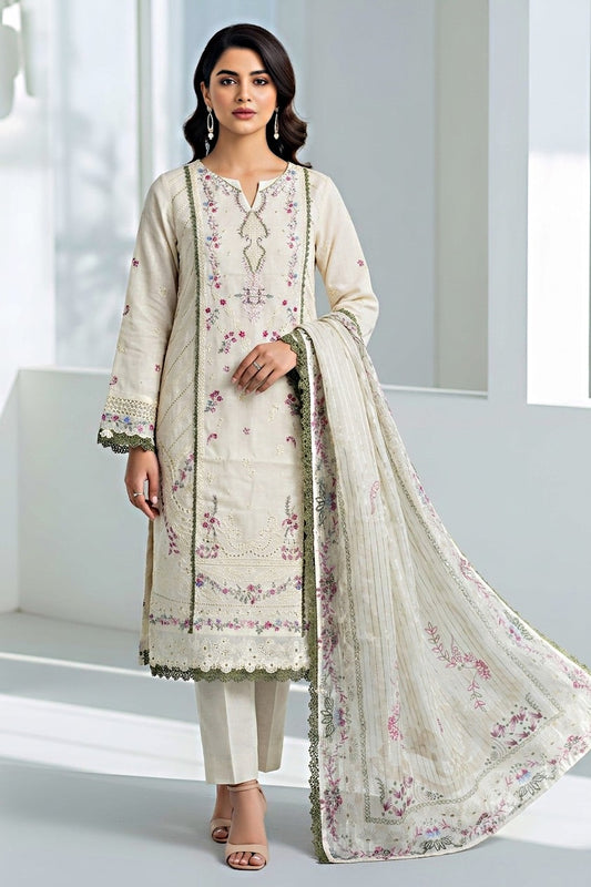 Pakistani Women's Casual Wear 3-Piece Suit - Cotton, OFF WHITE| 1491 | Designer Rack