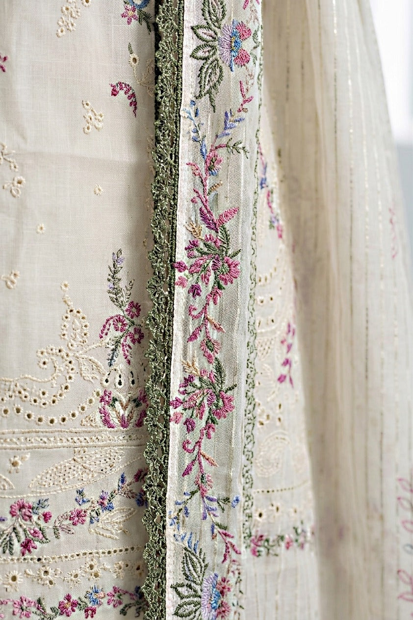 Pakistani Women's Casual Wear 3-Piece Suit - Cotton, OFF WHITE| 1491 | Designer Rack