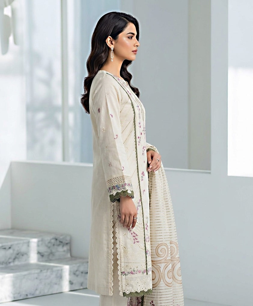 Pakistani Women's Casual Wear 3-Piece Suit - Cotton, OFF WHITE| 1491 | Designer Rack