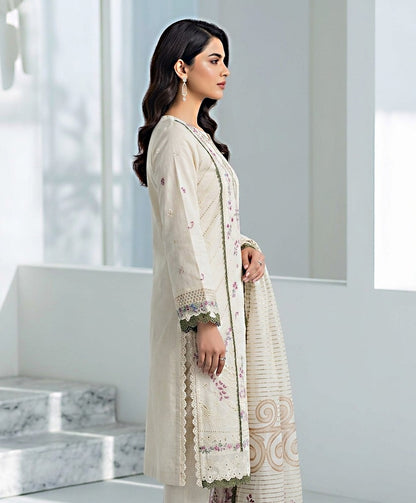 Pakistani Women's Casual Wear 3-Piece Suit - Cotton, OFF WHITE| 1491 | Designer Rack
