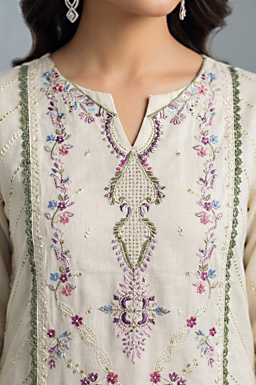 Pakistani Women's Casual Wear 3-Piece Suit - Cotton, OFF WHITE| 1491 | Designer Rack