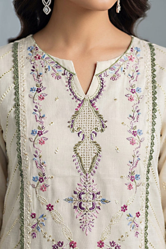 Pakistani Women's Casual Wear 3-Piece Suit - Cotton, OFF WHITE| 1491 | Designer Rack