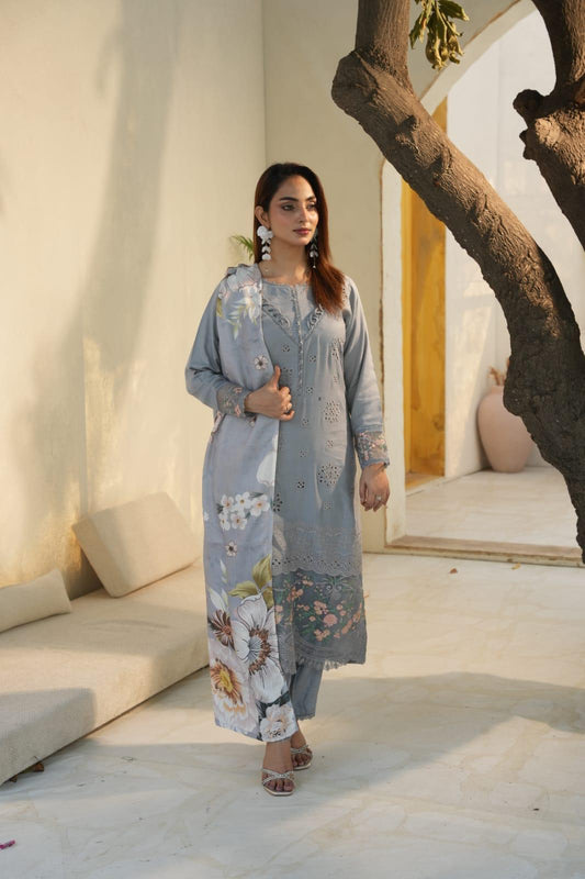 Pakistani Women's Casual Wear 3-Piece Suit - Cotton, Gray| 1491 | Designer Rack