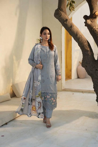 Pakistani Women's Casual Wear 3-Piece Suit - Cotton, Gray| 1491 | Designer Rack