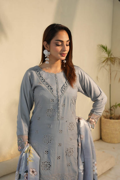 Pakistani Women's Casual Wear 3-Piece Suit - Cotton, Gray| 1491 | Designer Rack