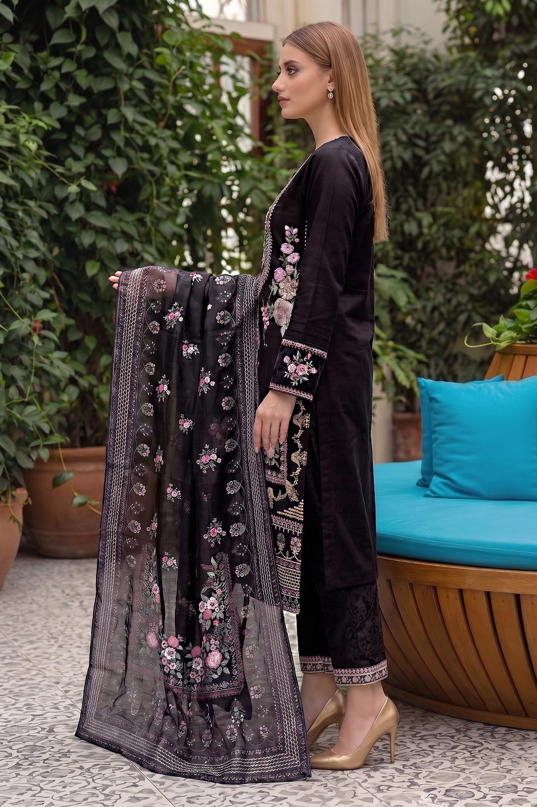 Pakistani Women's Casual Wear 3-Piece Suit - Cotton, Black| 1491 | Designer Rack