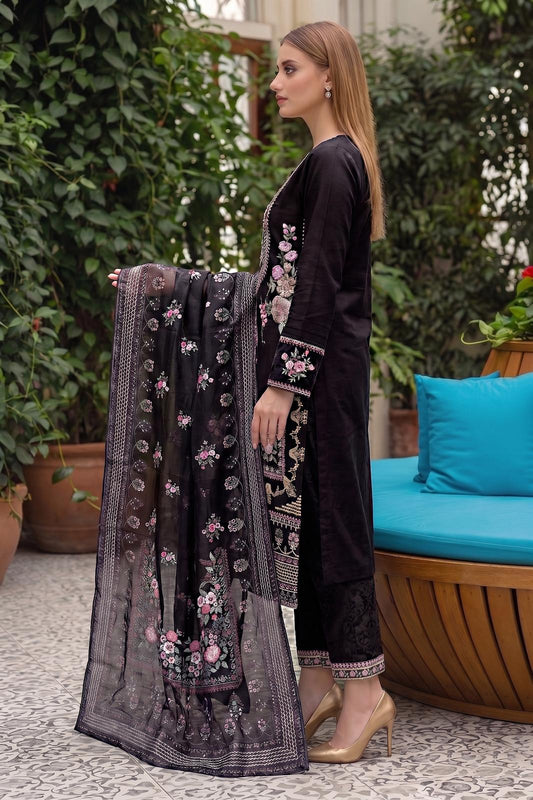Pakistani Women's Casual Wear 3-Piece Suit - Cotton, Black| 1491 | Designer Rack