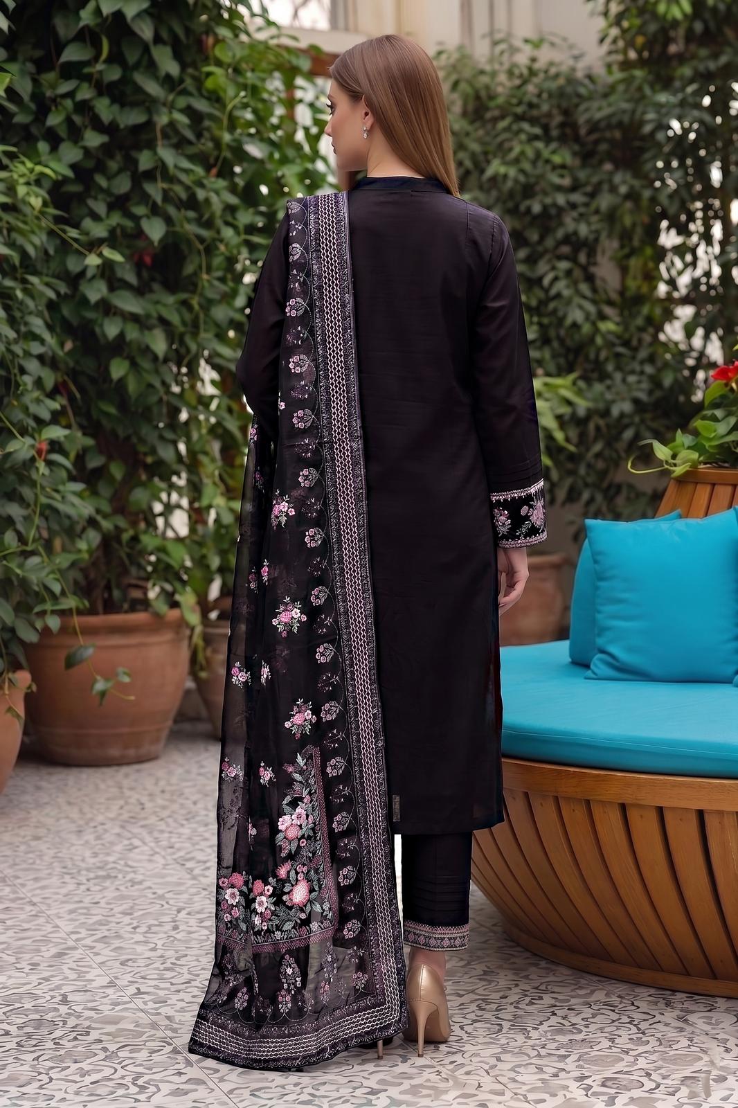 Pakistani Women's Casual Wear 3-Piece Suit - Cotton, Black| 1491 | Designer Rack