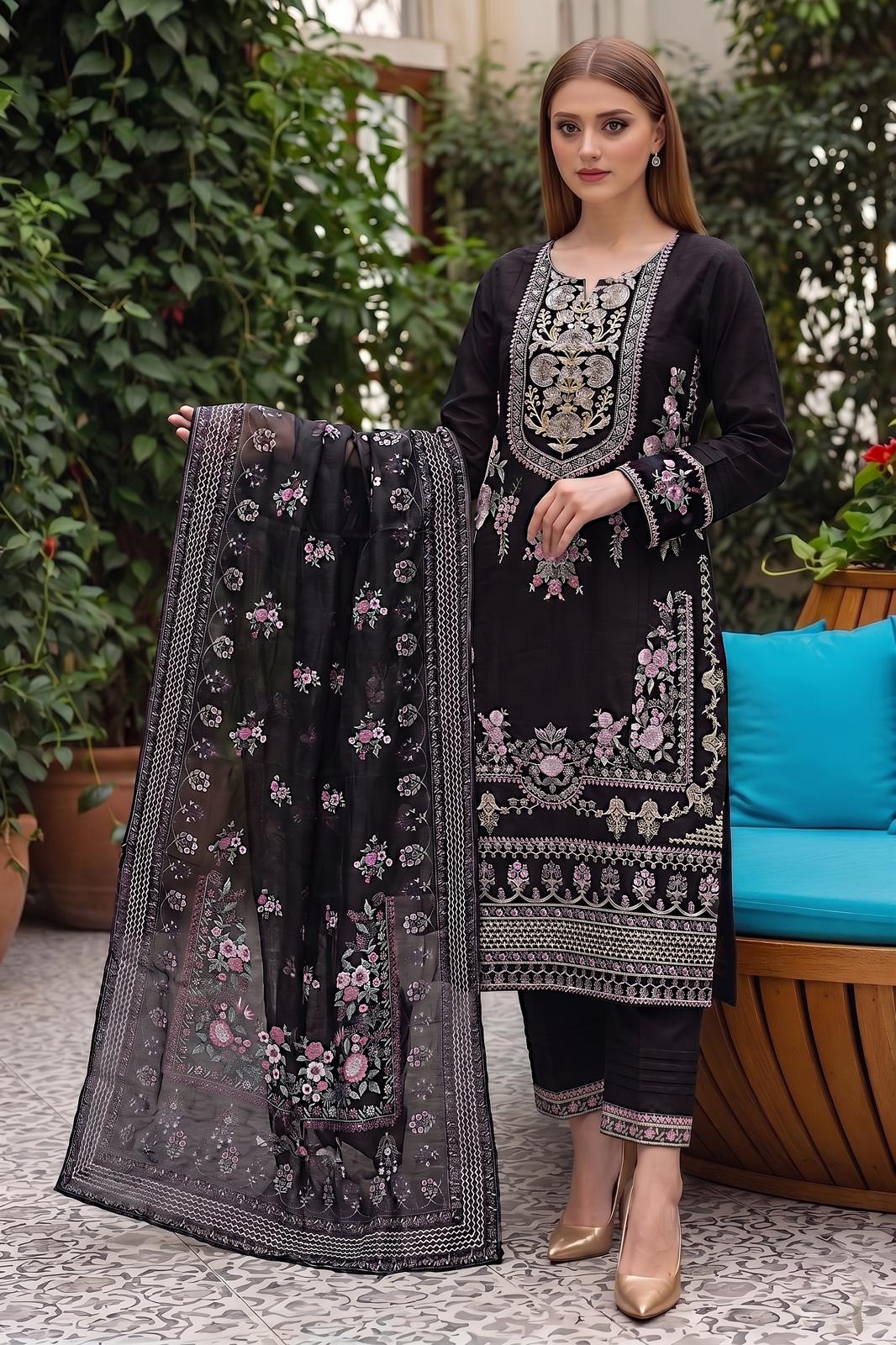 Pakistani Women's Casual Wear 3-Piece Suit - Cotton, Black| 1491 | Designer Rack