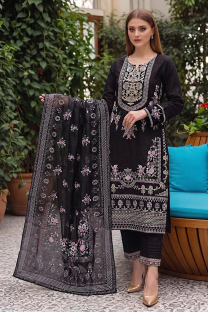 Pakistani Women's Casual Wear 3-Piece Suit - Cotton, Black| 1491 | Designer Rack