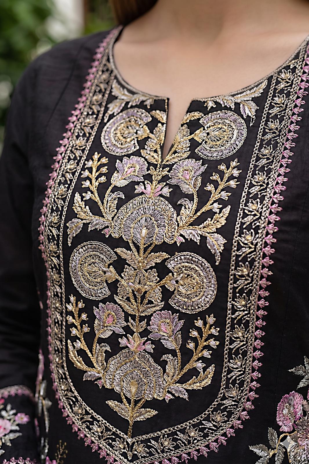 Pakistani Women's Casual Wear 3-Piece Suit - Cotton, Black| 1491 | Designer Rack