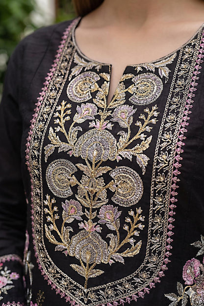 Pakistani Women's Casual Wear 3-Piece Suit - Cotton, Black| 1491 | Designer Rack