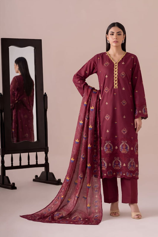 Pakistani Women's Casual Wear 3 pc Suit Linen Marron| 1500 | Designer Rack