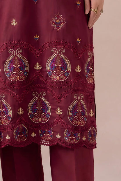 Pakistani Women's Casual Wear 3 pc Suit Linen Marron| 1500 | Designer Rack