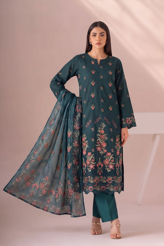 Pakistani Women's Casual Wear 3 pc Suit Linen Green | 1500 | Designer Rack