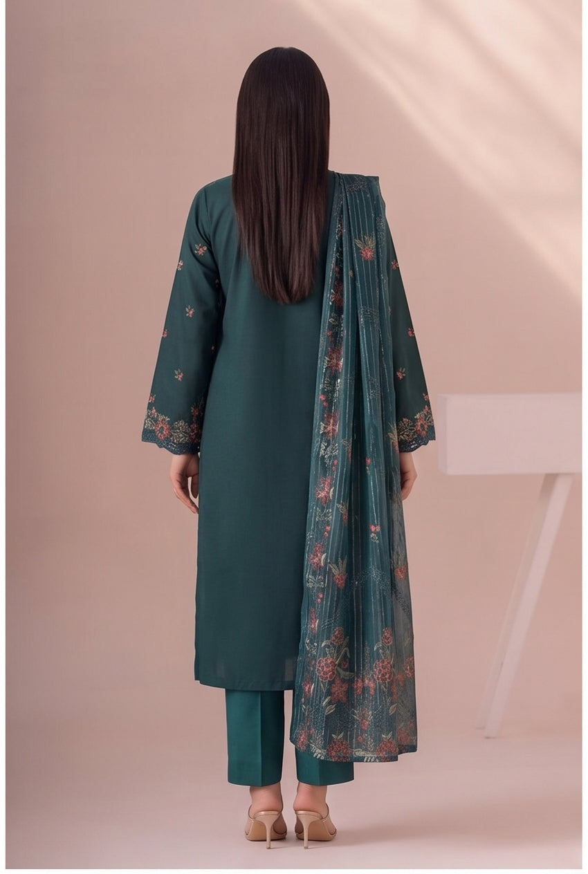 Pakistani Women's Casual Wear 3 pc Suit Linen Green | 1500 | Designer Rack