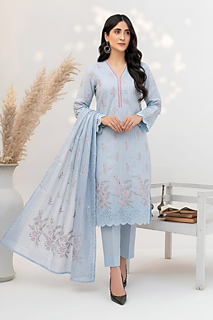 Pakistani Women's Casual Wear 3 pc Suit Linen Sky Blue | 1500 | Designer Rack