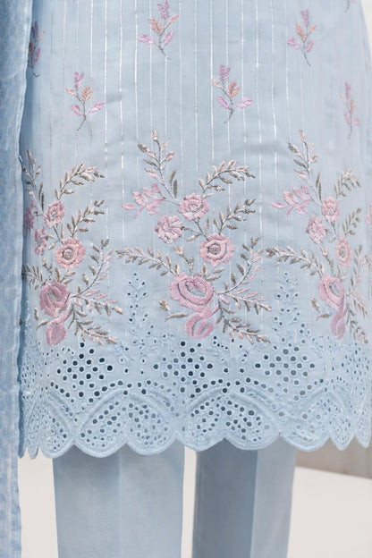 Pakistani Women's Casual Wear 3 pc Suit Linen Sky Blue | 1500 | Designer Rack