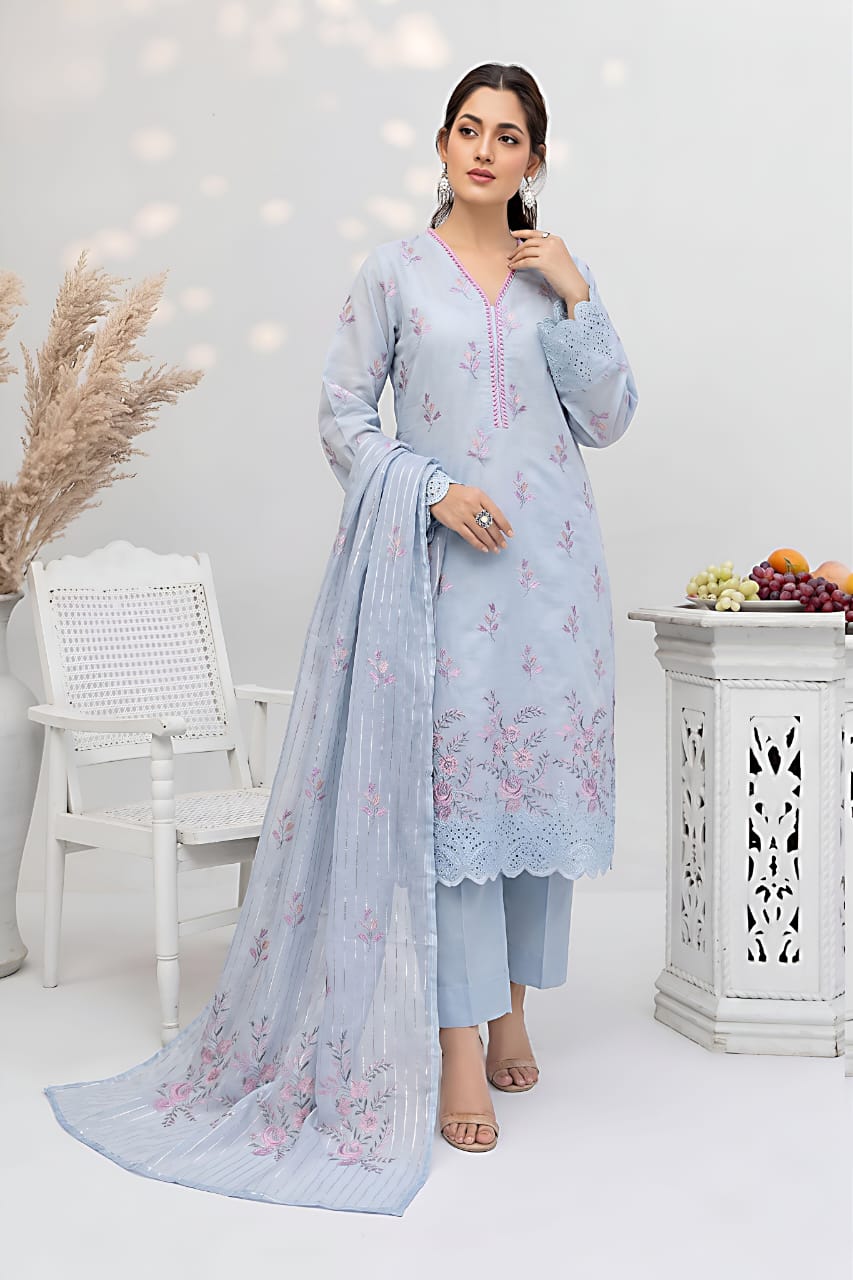 Pakistani Women's Casual Wear 3 pc Suit Linen Sky Blue | 1500 | Designer Rack