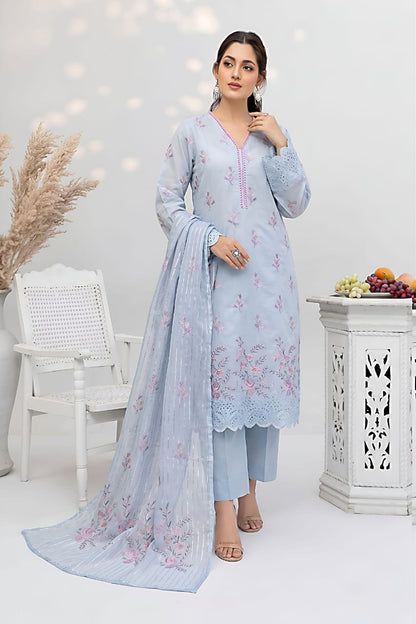 Pakistani Women's Casual Wear 3 pc Suit Linen Sky Blue | 1500 | Designer Rack
