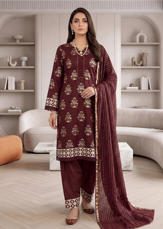 Pakistani Women's Casual Wear 3 pc Suit Cambric Cotton Marron| 1501 | Designer Rack