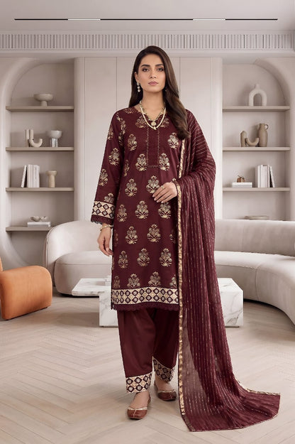 Pakistani Women's Casual Wear 3 pc Suit Cambric Cotton Marron| 1501 | Designer Rack