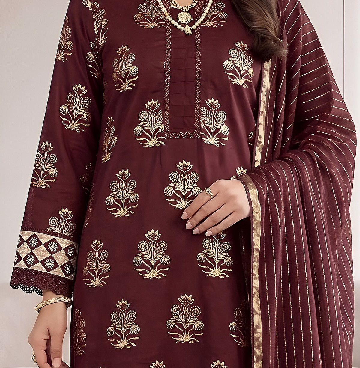 Pakistani Women's Casual Wear 3 pc Suit Cambric Cotton Marron| 1501 | Designer Rack