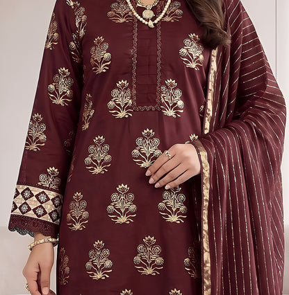 Pakistani Women's Casual Wear 3 pc Suit Cambric Cotton Marron| 1501 | Designer Rack