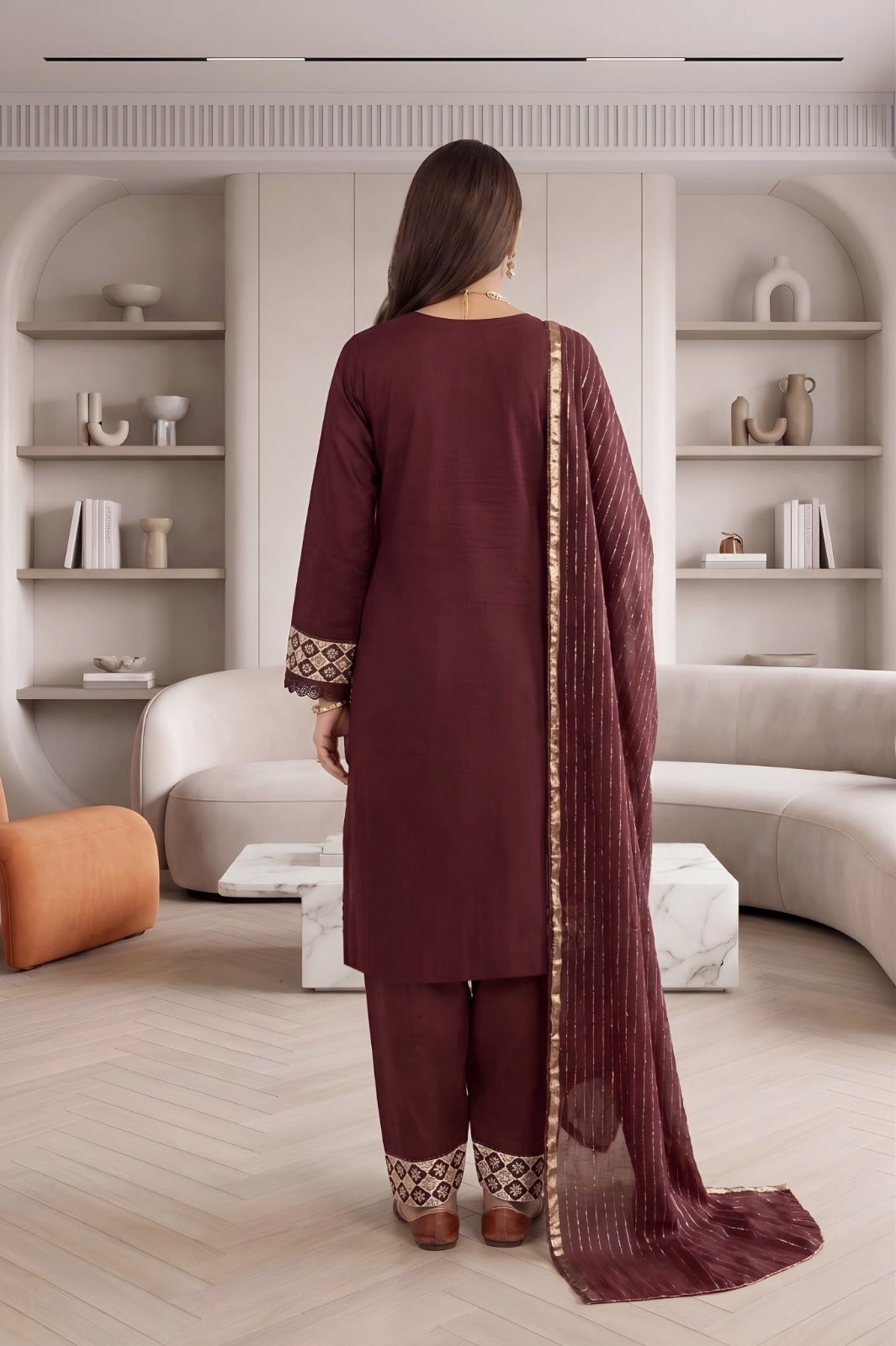 Pakistani Women's Casual Wear 3 pc Suit Cambric Cotton Marron| 1501 | Designer Rack