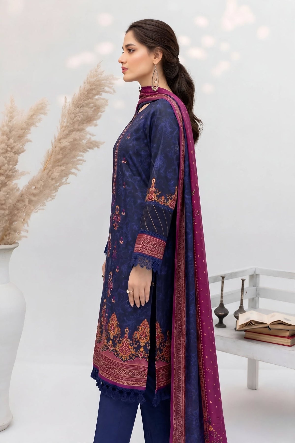 Pakistani Women's Casual Wear 3 pc Suit Linen Blue | 1502 | Designer Rack