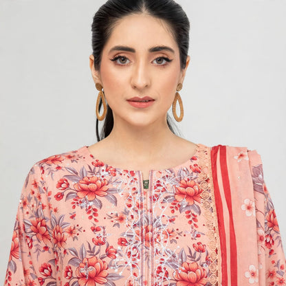 Pakistani Women's Casual Wear 3 pc Printed Embroided Pink Suit | 1502 | Designer Rack