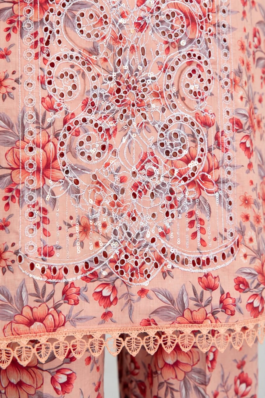 Pakistani Women's Casual Wear 3 pc Printed Embroided Pink Suit | 1502 | Designer Rack