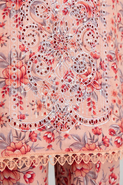 Pakistani Women's Casual Wear 3 pc Printed Embroided Pink Suit | 1502 | Designer Rack
