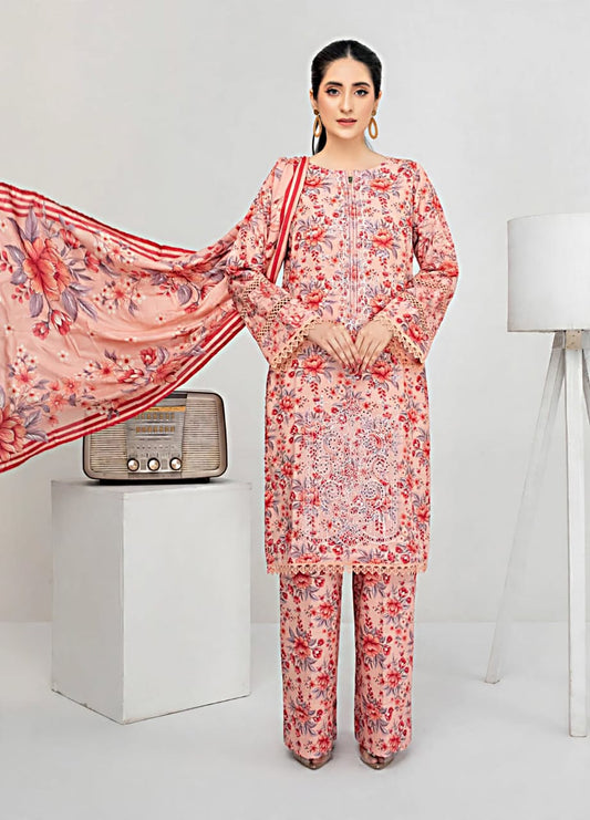 Pakistani Women's Casual Wear 3 pc Printed Embroided Pink Suit | 1502 | Designer Rack