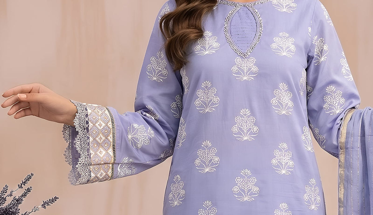 Pakistani Women's Casual Wear 3 pc Suit Cambric Cotton Sky Blue| 1501 | Designer Rack