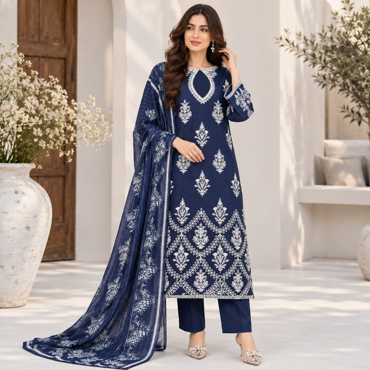 Pakistani Women's Casual Wear 3 pc Suit Linen Blue | 1500 | Designer Rack