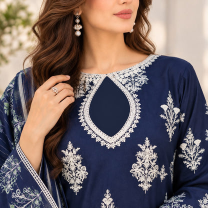 Pakistani Women's Casual Wear 3 pc Suit Linen Blue | 1500 | Designer Rack