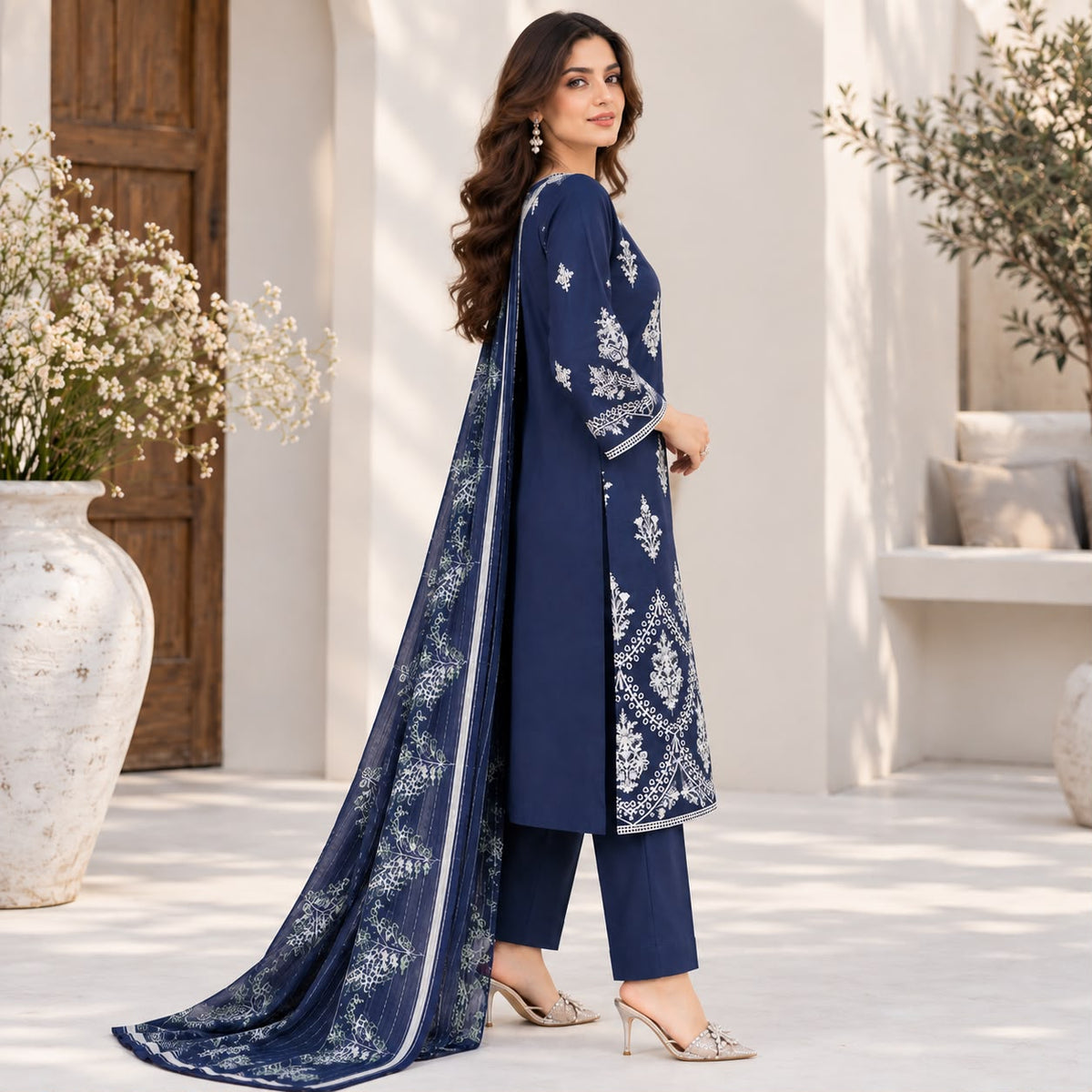 Pakistani Women's Casual Wear 3 pc Suit Linen Blue | 1500 | Designer Rack