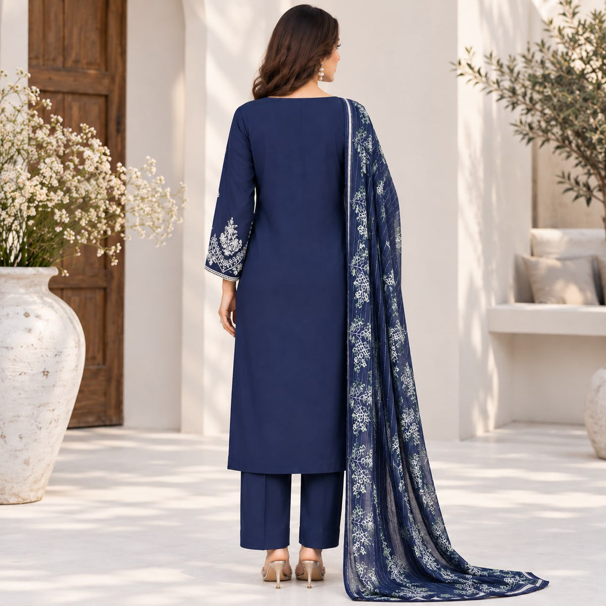 Pakistani Women's Casual Wear 3 pc Suit Linen Blue | 1500 | Designer Rack